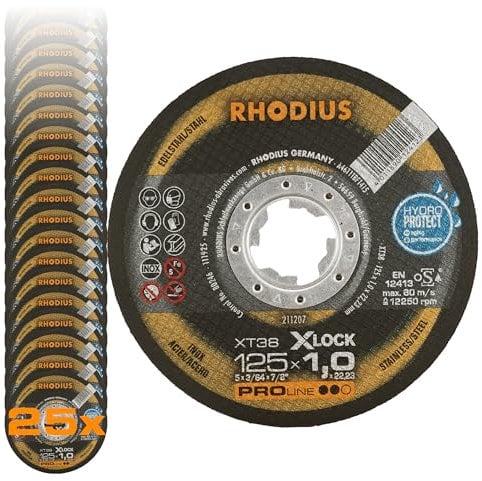 RHODIUS XT38 X-LOCK | 25 Stück Ø 125 mm x 1,0 mm | Trennscheibe Metall | Made in Germany | für Winkelschleifer, INOX, Edelstahl, Stahl