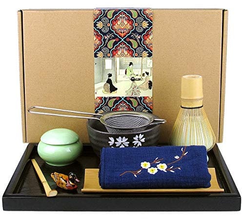 Artcome Juego de té matcha japonés, batidor de matcha, cuchara tradicional, cuenco de matcha, bandeja de bambú negro, portabatidor de cerámica, caja de matcha, kit de ceremonia de matcha hecho a mano