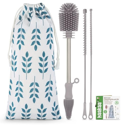 haakaa Flaschenbürste Original Multifunktions 3 Stück, Babyflaschenbürste, Wiederverwendbare Reinigungsbürste für Haakaa Pumpe, Milchaufbewahrungsbeutel, Rundumreinigung, stabile Borsten, Grau