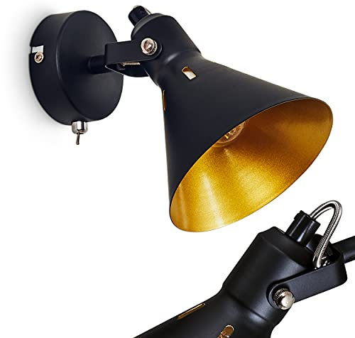 Wandleuchte Upiano, moderne Wandlampe aus Metall in Schwarz/Goldfarben mit verstellbarem Strahler, Leuchte im Retro/Vintage-Design mit Lichteffekt, 1-flammig, 1 x E14, ohne Leuchtmittel