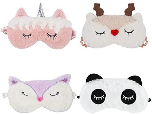 4 Stück Schlafmaske Kinder Mädchen, 4 Muster Schlafmaske Lustig Plüsch Augenbinde Augenmaske Tier Weich Bequem für Kinder Geschenke und Schultüte Füllung