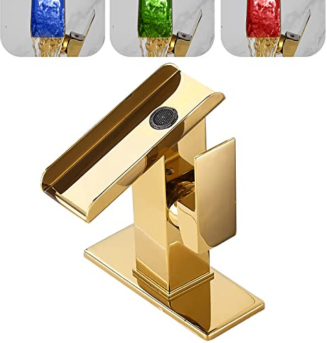 Gold Bathroom Faucets LED Waterfall Spout One Hole RGB 3 Colors Light Changing Lavatory Vanity Sink Faucet Brass Single Handle Modern Washbasin Bath Basin Tap Contemporary with Water Supply Lines