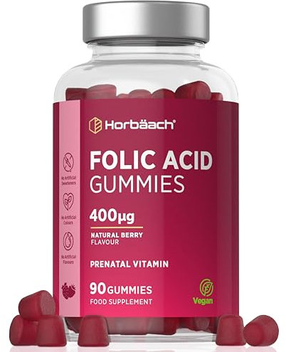 Folic Acid Gummies for Women 400 mcg | 90 Count (3 Months Supply) | Natural Berry Flavour | High Strength Prenatal Vitamin | Suitable for Vegans | No Artificial Preservatives | by Horbaach