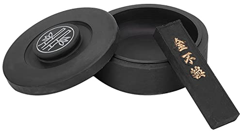 PH PandaHall Chinese Calligraphy Inkstone, Taditional Ink Stones Rectangle Ink Stick with Round Cover Natural Stone Wavy Storage Tinten for Chinese Calligraphy Sumi Painting Practice Frühlingsfest