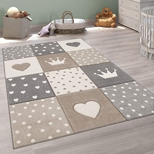 Paco Home Teppich Kinderzimmer Junge Mädchen Kinderteppich Spielteppich Kurzflor 3D Optik Pastell Punkte Herzen Krone, Grösse:80x150 cm