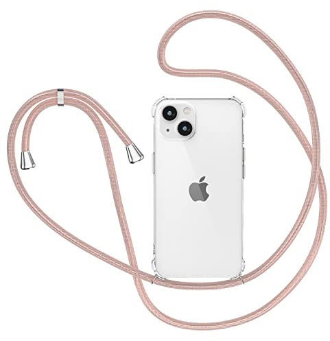 XTCASE für iPhone 14 Hülle mit Band, Transparent Silikon Handyhülle für iPhone 14 mit Kette Stossfest Schutzhülle - Schnur mit Case zum Umhängen in Roségold