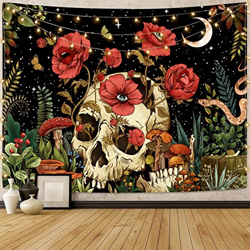 Kampdream Totenkopf-Wandteppich, Trippy Pilz Skelett Goth Garten ästhetische Wandteppiche für Schlafzimmer 127 x 152 cm
