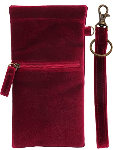 Soft Sunglass Pouch squeeze top extra-Large soft eyeglass case wristlet lanyard & cleaning cloth, Velvet Wine, Large
