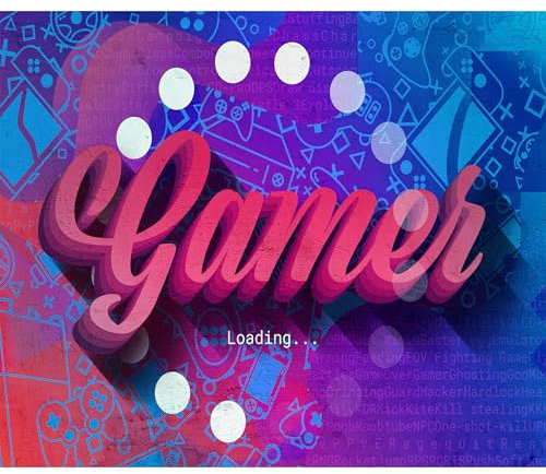 decomonkey - Papier Peint Panoramique Adhésif Game 196x140 cm - Stickers Muraux Salon Chambre Déco XXL Autocollant Bureau - Bleu violet rose - Fond d'adolescent d'inscriptions anglaises colorées