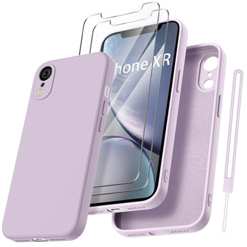 Qasyfanc HandyHülle für iPhone XR Hülle Silikon case mit 2 Stück Schutzfolie, Ultra Microfiber TPU Flüssig silikon mit Kameraschutz Kratzfeste Rundumschutz Schutzhülle 6.1'' - Lila