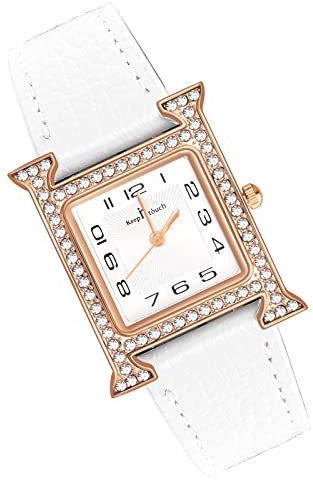 MicLee Damenuhr Analoge H-förmige Edle Volldiamant Digitale Zifferblatt Quarzuhr mit Lederarmband