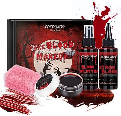 COKOHAPPY 4 PCS Kunstblut Fake Blood Halloween schminke SFX Makeup Kit - Koaguliertes Kunstblut, Blutspray, Tropfendes Stadium Kunstblut, Stipple Schwamm, Realistischer Zombie Vampir Monster Kostüm