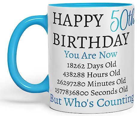 Vixar But Who's Counting Happy 50th Birthday Ceramic Coloured Mug Cup Gift Days Hours Minutes (Blue) (Blue)