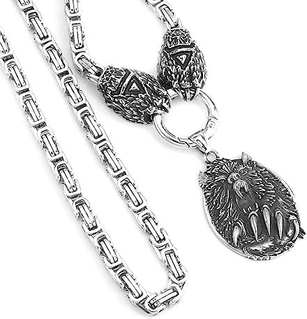 Wikinger Wolf Pfote Anhänger Rune Bär Klaue Halskette Für Herren - Nordic Vintage Zweifarbiges Odin Wolf Amulett Königskette Aus Edelstahl -Hip Hop Modeschmuck Geschenk ( Color : Silver , Size : 70CM