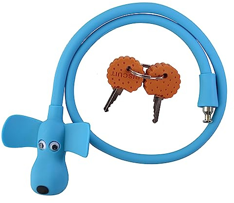 WOOQOTT Fahrrad-Kabelschloss mit Schlüsseln, Silikonbeschichtetes Kinder-Kabelschloss, Cartoon-Schloss, 2 Fuß Schloss für Fahrrad, Tür, Skateboard, Helm und mehr (Blau, Groß)