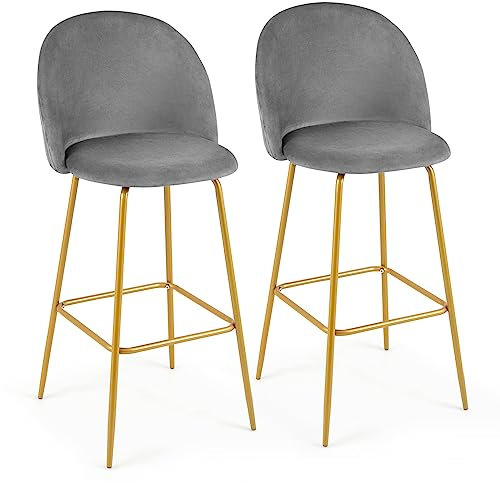 COSTWAY Bar Stools Set of 2/4, Velvet Upholstered Dining Chairs with Backrests and Footrests, Breakfast Counter Height Stools for Kitchen Island, Restaurant, Pub (2)
