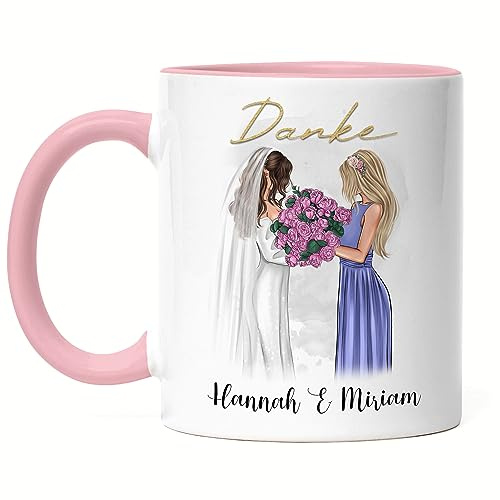 Kiddle-Design Braut & Trauzeugin Tasse Rosa Personalisiert Name Braut & Brautjungfer Schwester | Danke-Geschenk für Freundinnen Dankeschön