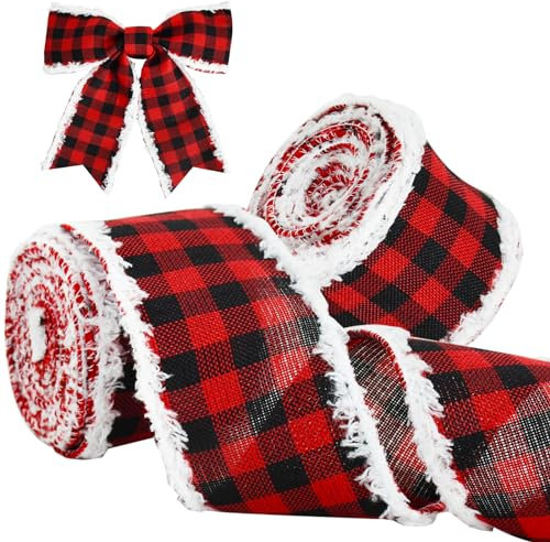 TONIFUL Red and Black Plaid Ribbon Wired By White fur, 6cm x 6yds,2pcs Ribbon for Christmas Party Decoration, Bow Making, Hair Accessories and Handmade Crafts Gifts Wrapping