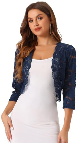 Allegra K Día de San Patricio Cárdigan Toreras Top De Encaje Floral Transparente Manga 3/4 Elegante para Mujer Azul Oscuro XXL