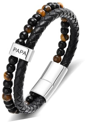 TempBeau Armband Herren Papa Geschenke : Armkette Perlen Länge Einstellbar Leder Daddy Armbänder Schwarz für Männer Modeschmuck Weihnachten Thanksgiving Tag Vatertag