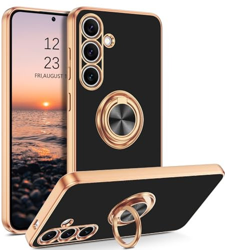 YINLAI für Samsung Galaxy S24 5G Hülle,Handyhülle Samsung S24 Mit 360 Gold Magnet Ring Ständer Halter Weiche Glitzer Silikon TPU Slim Cover Case Hülle für Samsung Galaxy S24 6.2'',Schwarz