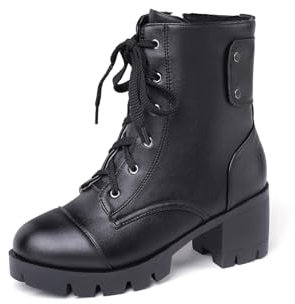 LeaHy Women Lace Up Ankle Boots Retro PU Leather Platforms Low Heel Chunky Heel Side Zip Biker Military Combat Boots,Black,10 UK