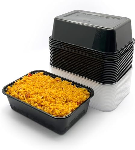 PRAGATISHOP Black Plastic Meal Prep Food Containers, Takeaway Containers With Lids - Microwave Food Storage Containers | Freezer Storage Boxes (500, Rectangular, 10, FLATLID)