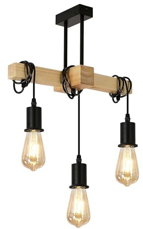 Osairous Pendelleuchte Townshend Holz Vintage, Hängeleuchte 3-flammig, Hängelampe Esszimmer E27, rustikale Retro Lampe im Industrial für Wohnzimmer, Küche, Glühbirnen NICHT INBEGRIFFEN