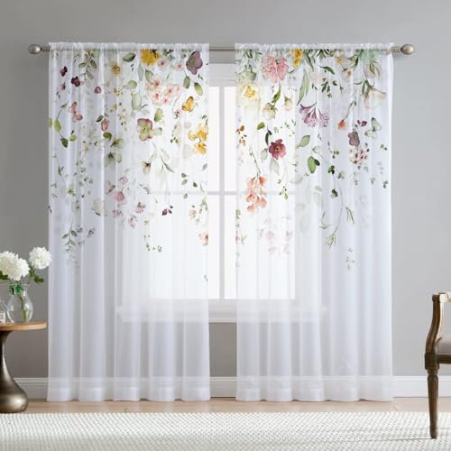 Fereyis Durchsichtige Vorhänge für Wohnzimmer, 244 cm Länge, 2 Paneele, elegant, Schmetterling, Frühling, Blume, Bedruckt, Fenstervorhang, Chiffon-Vorhänge für Schlafzimmer