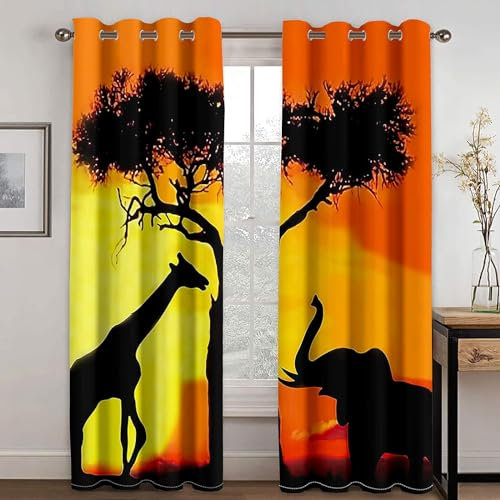 Pechiwuo Afrika Gardinen Wohnzimmer Vorhänge 3D Drucken Verdunkelungsvorhänge 2er Set, Tier Vorhang Blickdicht Ösen Wärmeisolierend Gardine Schlafzimmer Deko 2 x 91.5 x 214 cm（B X H） A2156
