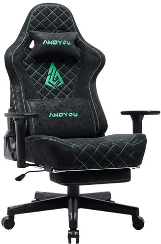 Andyou Gaming Stuhl Racing Gamer Sessel, Ergonomischer Gaming Chair Bürostuhl mit Verstellbare Lendenkissen, Fußstütze, Kopfkissen und 2D Armlehnen, Vintage-PU-Leder 90-150°, Schwarz ASIN