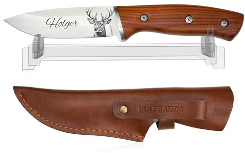 WOLFSARTIG Jagdmesser mit Gravur – personalisierte Jagd Geschenke für Jäger Geburtstag, Vatertag & Weihnachten (mit Ständer)