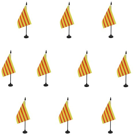 AZ FLAG – Lote de 10 banderas de mesa Cataluña – 15 x 10 cm – 10 mini banderas catalanas de oficina 100% poliéster con zanja de 25 cm y base de plástico negro