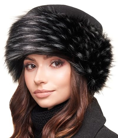 Futrzane Classic Mütze mit Fellrand - Pelzmütze Damen - Fell Pelz Russenmütze (XS, Schwarz - Schwarz mit Weiß Classic)