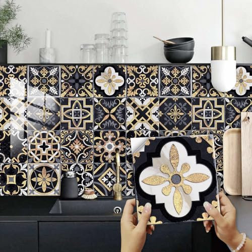 Fliesenaufkleber Schwarz Und Gold Küchen Smart Tiles,Klebefliesen Küche Selbstklebende Fliesen,Wasserfest Küchenrückwand Fliesen Aufkleber,Klebefliesen Bad 16 PC(30x30cm)