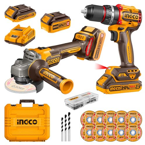 INGCO 20V Cordless Brushless Compact Impact Drill 66NM, 22+1+1 Torque Setting, Brushless Angle Grinder 115mm Angle Grinder Tools, 3000/6000/9000 RPM, LED Work Light with Battery and Charger CKLI20273