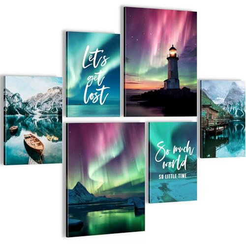 Novart Wandbilder Set Nordlicht Natur Blau Grün - KEIN EXTRA RAHMEN BENÖTIGT - Modern Deko - Wohnzimmer Schlafzimmer Flur N028863a