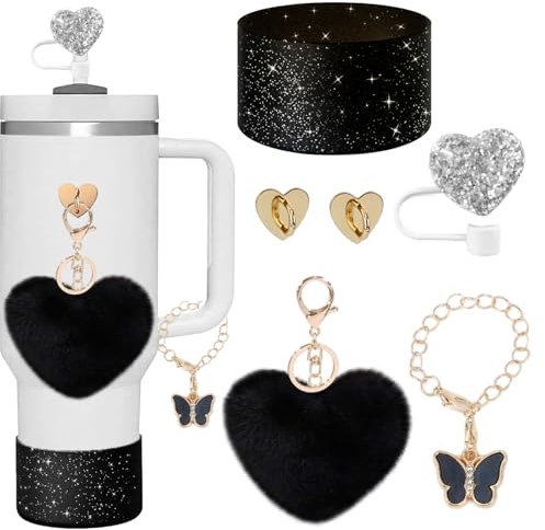 SDIDVIEXPERT Stanley Cup Accessories Set 6PCS Stanley Cup Decor Includes Silicone Boot Straw Cover caps Heart Butterfly Charm Keychain for Stanley Cup for Stanley Cup 30/40oz Tumbler(Black)