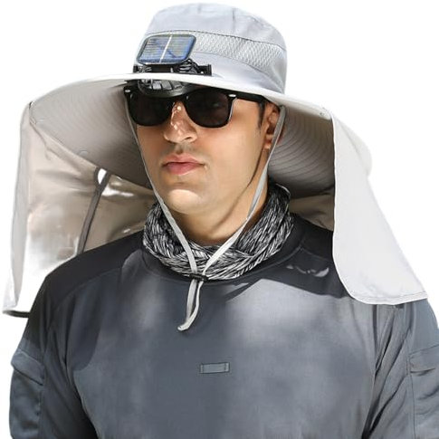 mufojyez Solar Fan Hat, Wide Brim Sun Hats with Neck Flap USB Rechargeable UV Protection, 3 Levels of Fan Speed, Solar and USB Charge Fan Hat for Beach Safari Hat, Fishing Walking Hiking Hat Light Gr