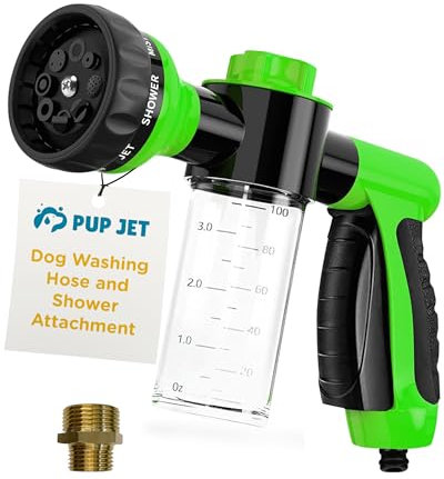 The Original Pup Jet Dog Washing Hose Attachment with Soap Dispenser - 8-in-1 Grooming Brush Shower Attachment & Shampoo Sprayer for Dog Washing, Bath and Grooming, Perfect Pet Grooming