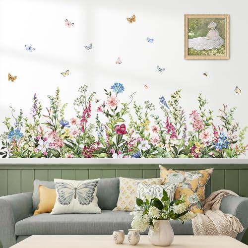 wondever Wandtattoo Bordüre Gras Wildblume Wandaufkleber Garten Blumen Blumenwiese Schmetterlinge Wandsticker Wanddeko für Wohnzimmer Ecke einer Schlafzimmer Sofa Hintergrund