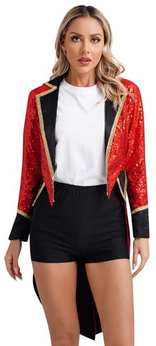 CHICTRY Zirkus Direktor Jacke Damen Pailletten Frack Rot Langarm Mittelalter Vintage Mantel Viktorianischer Gehrock Ringmaster Uniform Rot 3XL