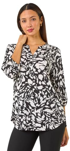 Roman Originals Shirt for Women UK Ladies Top Collarless Blouse Stretchy Tunic Smart Casual Autumn Winter Jersey 3/4 Length Sleeve Notch V Neck Flattering Office Work - Noir White - Size 20
