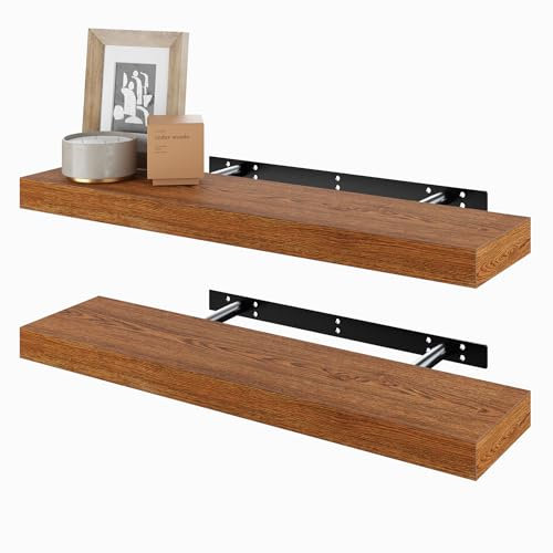 BAMEOS Schwebregale, 60cm Wandregal, Dekorative Wandmontierte Regale, Set von 2 für Bad, Küche, Wohnzimmer und Schlafzimmer, Amerikanischer Eichenholz-Optik