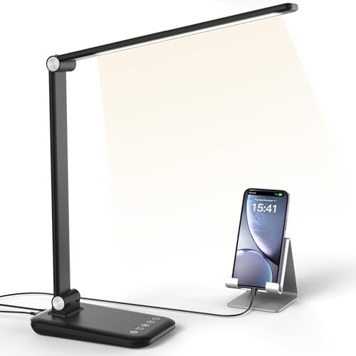 Générique Lampe de Bureau LED avec Contrôle Tactile, 4 Modes de Couleur, Minuterie, Port de Charge USB, Design Pliable, Luminosité Réglable, Pour Lecture Travail