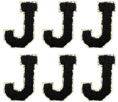 sourcing map Chenille Letter Patches 2.2 Self Adhesive Alphabet J Stick on Embroidered Patch Sew on Letter Stickers Applique for Repairing Clothing Jeans Shoes Hats DIY(Black, Pack of 6)