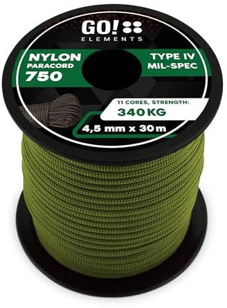 GO!elements Paracord 750 Type IV | Corde en Nylon 100% résistante et extrêmement Stable | ø 4,5 mm - 11 brins - Max. 340 KG | Corde Polyvalente et reepsnoer pour Survie, Camping