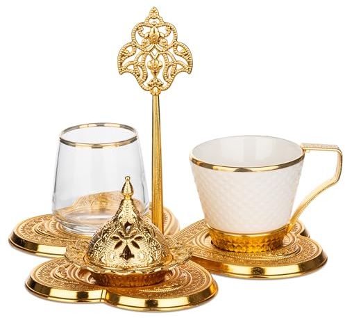Alisveristime Türkisches Kaffeeservice für eine Person - inklusive Tasse, Wasserglas, Delight Bowl und Zamak-Tablett - Elegante Ottomane Stil Präsentation (Gold)