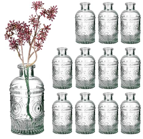 Relaxdays Glass Vase, Set of 12, for Table Decor, Vintage Design, H: 13x6 cm, Decorative Mini Bottles for Flowers, Clear