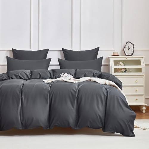 Gezu Mako Satin Bettwäsche 220x240cm Baumwollesatin Grau Anthrazit Bettwäsche 100% Baumwolle Weich Fein Bettbezug 220x240cm，Oeko-TEX® Standard Zertifiziert mit 2 Kissenbezug 80x80 und Reissverschluss